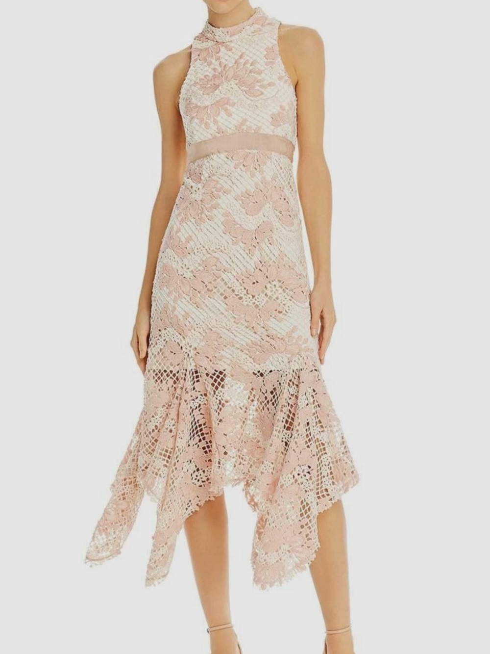 KEEPSAKE the Label Blush Pink High-Neck Lace High-Low Dress